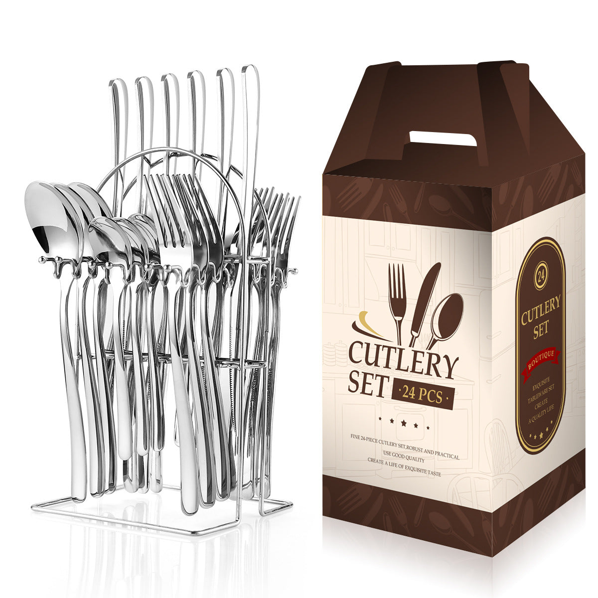 24 Piece Stainless Steel Cutlery Set With Storage Rack